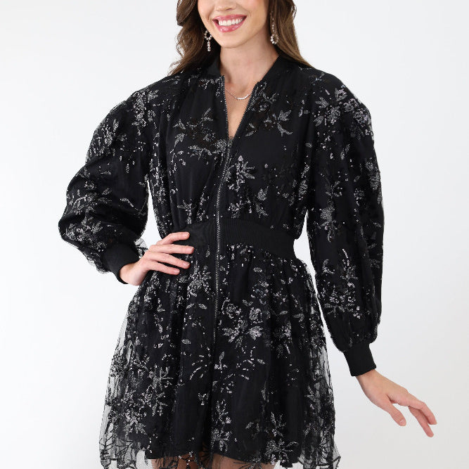 Black sequin embellished dress with floral detail