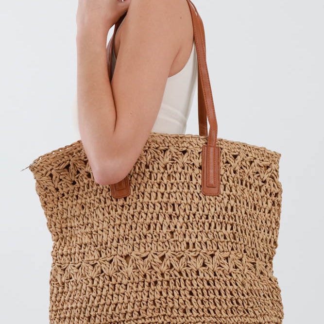 Woven Straw Tote Bag - Brown