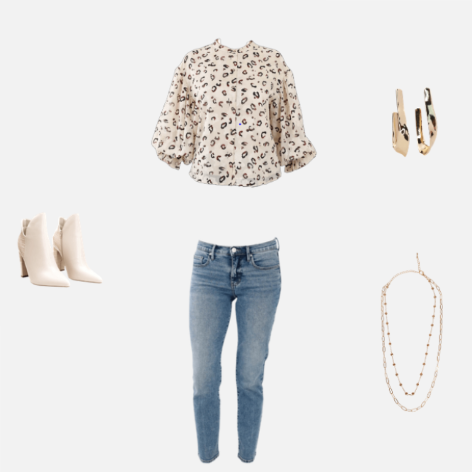 Collage of leopard print blouse, jeans, gold necklace, gold hoop earrings, and boots