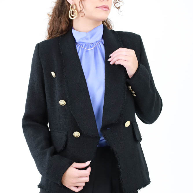 Frayed Hem Tweed Gold Button Blazer - Black