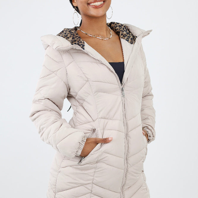 Puffer with Leopard Print Fuzzy Lining -Cream