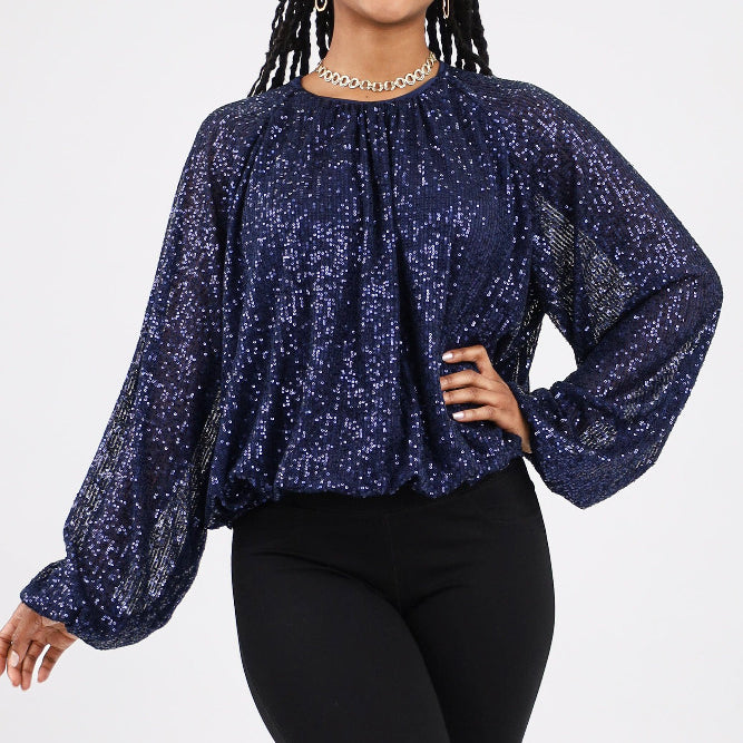 Sequin Long Sleeve Blouse - Navy