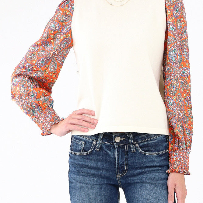 Knit Floral Sleeve Top - Cream