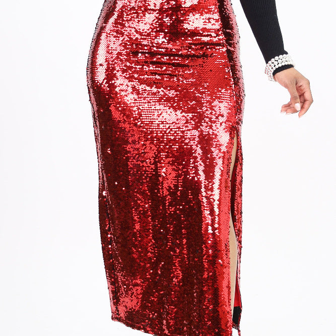 Side Slit Sequin Midi Skirt -Red
