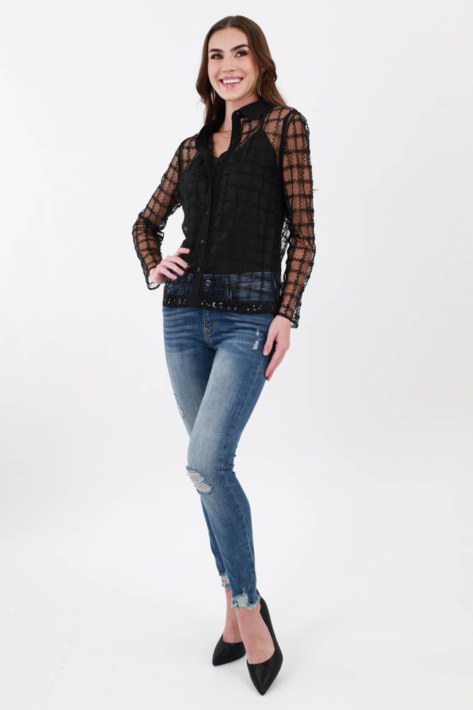 Sequin Pane Black Mesh Blouse with Jeans and Heels