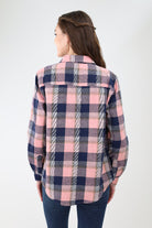 Back of a plaid button down shirt