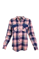 Pink and blue plaid button down shirt flatlay