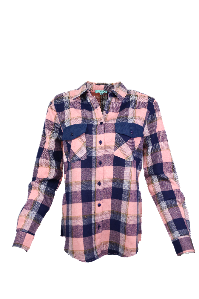 Pink and blue plaid button down shirt flatlay