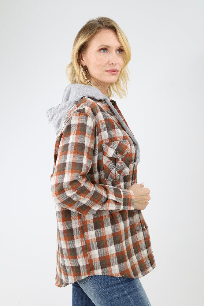 Plaid flannel shirt with a hood