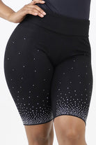 Close up of rhinestone black biker shorts