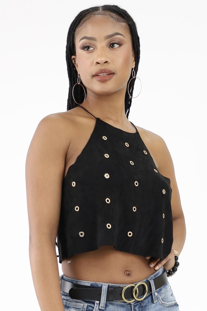 Black suede boho crop top