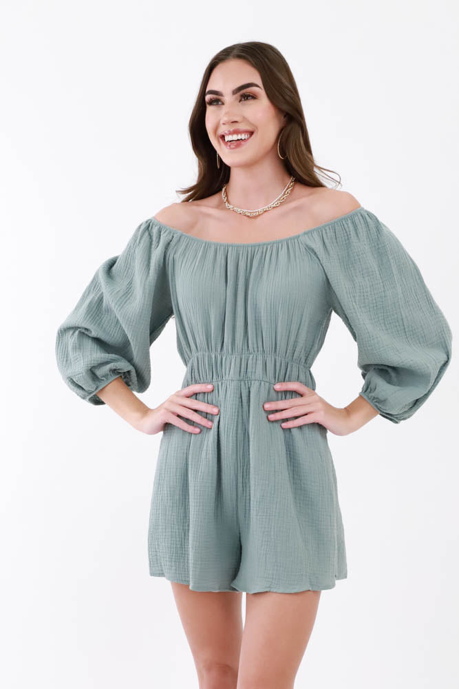 Solid Romper worn off the shoulders