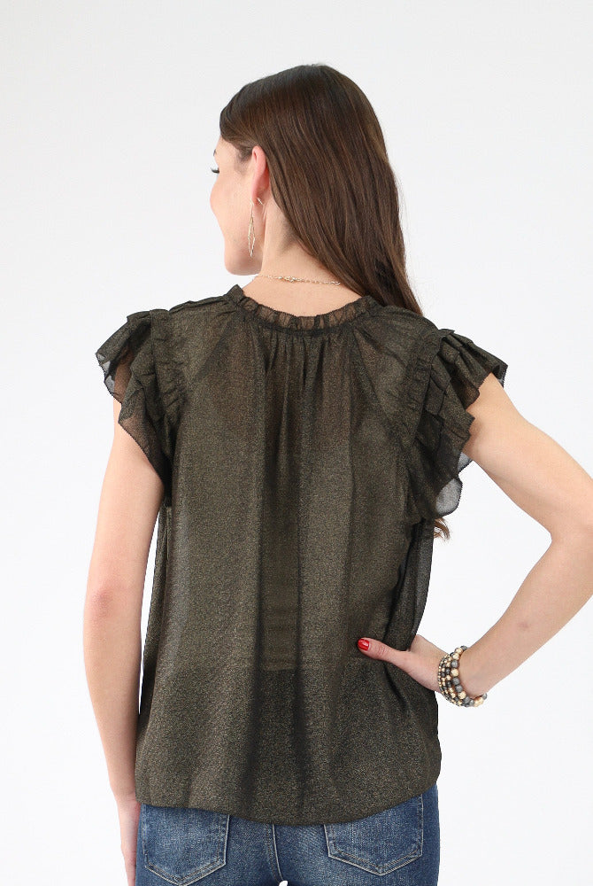 Back of Black Gold Spray Ruffle Blouse