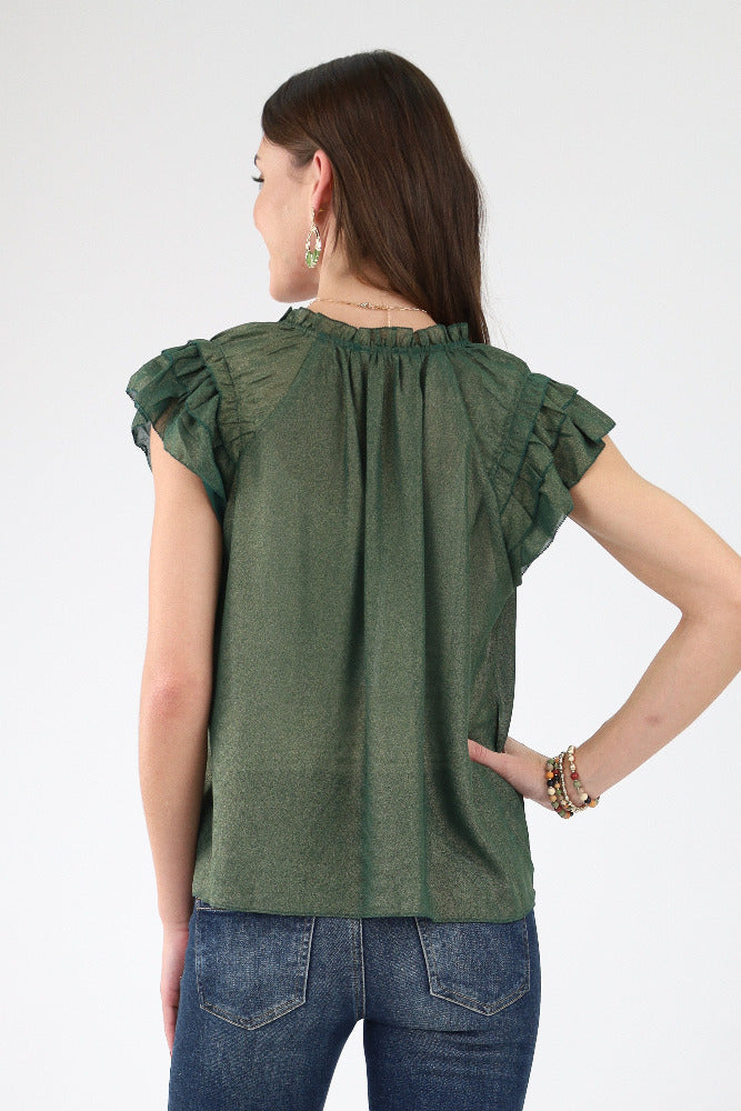 Back of Green Gold Spray Ruffle Blouse