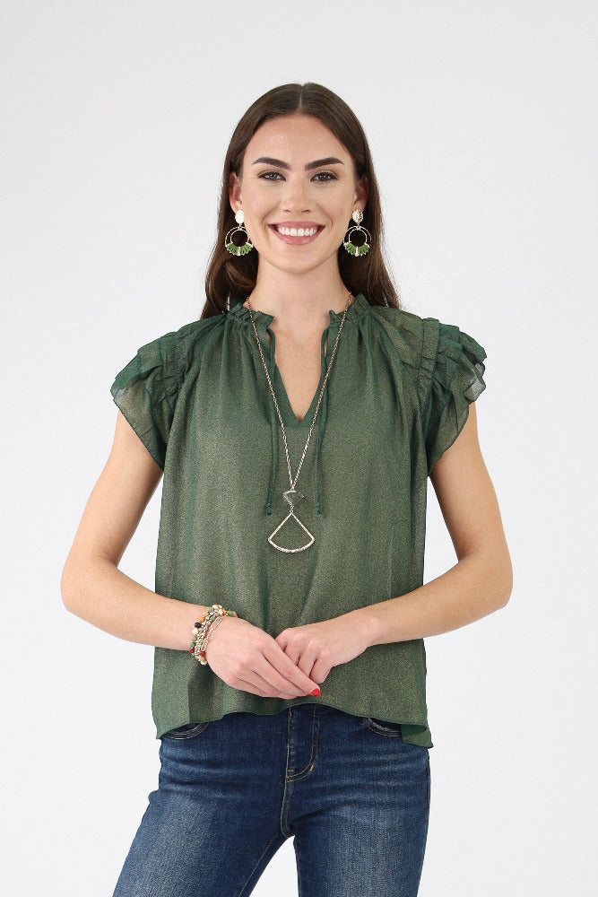 Green Gold Spray Ruffle Blouse