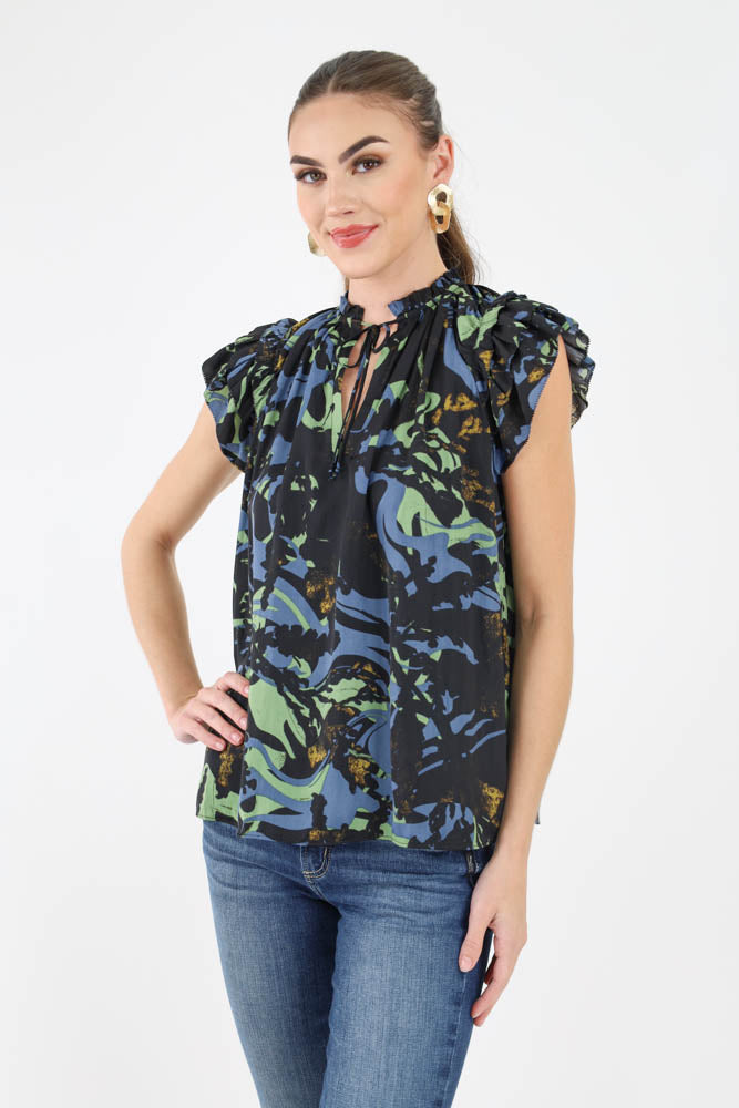 Blue green print blouse