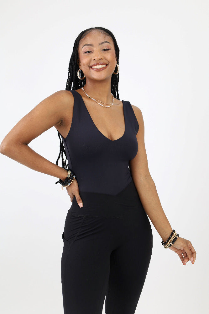 Black deep v neck bodysuit