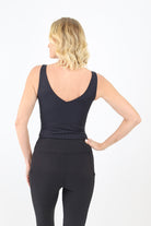 Back of black V Neck Sleeveless Bodysuit