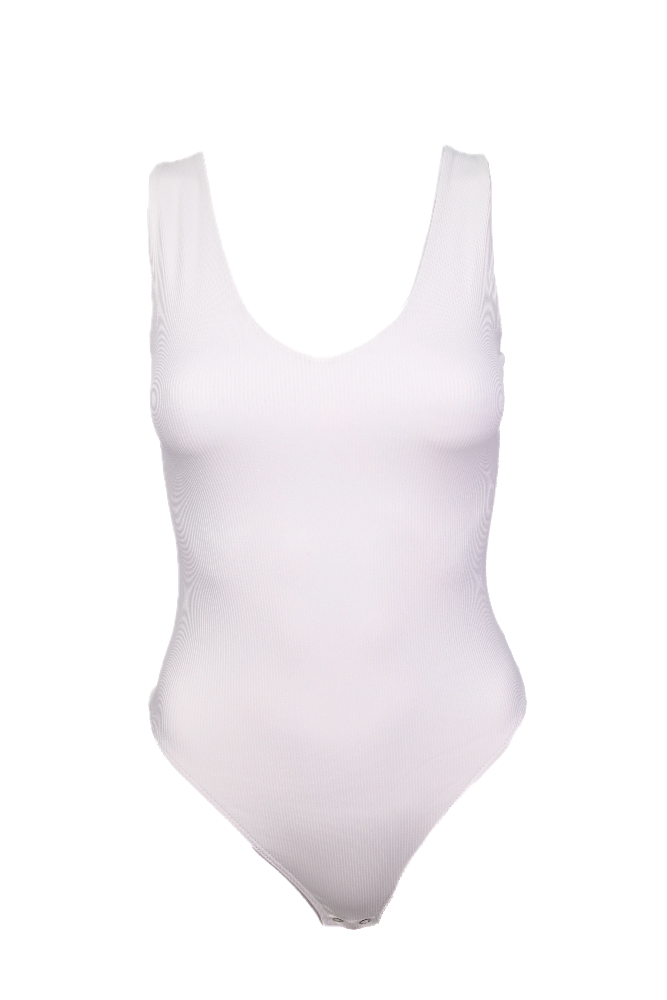 White V Neck Sleeveless Bodysuit Flatlay