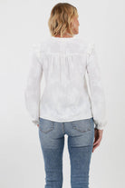 Back of White Textured Ruffle Sleeve Blouse