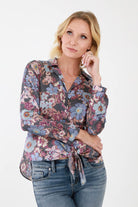 Blue Floral Front Tie Blouse