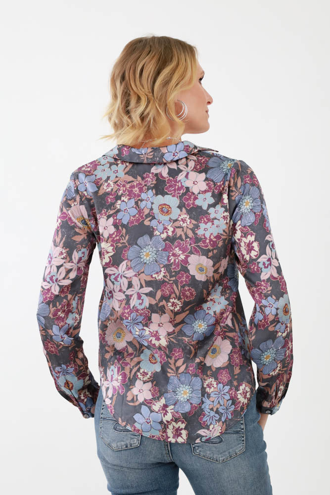 Back of Blue Floral Front Tie Blouse