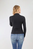 Back of Black Ribbed Mock Neck Top