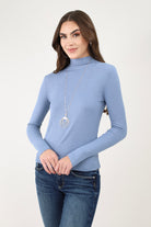 Blue Ribbed Mock Neck Top