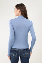 Back of Blue Ribbed Mock Neck Top