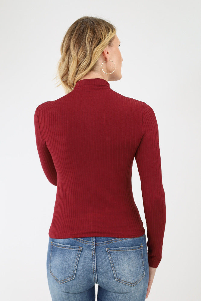 Back of Burgundy Ribbed Mock Neck Top