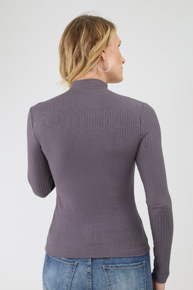 Back of Charcoal Ribbed Mock Neck Top