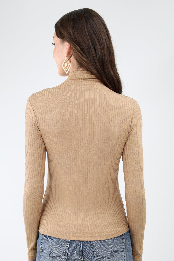 Back of Latte Ribbed Mock Neck Top