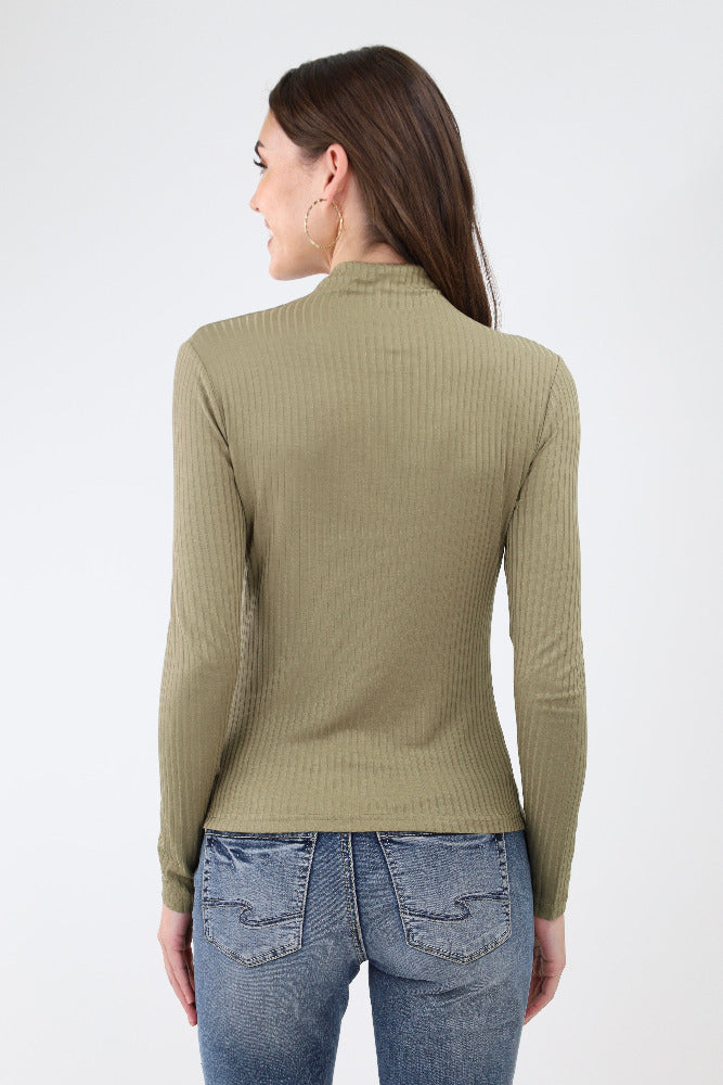 Back of Olive Ribbed Mock Neck Top