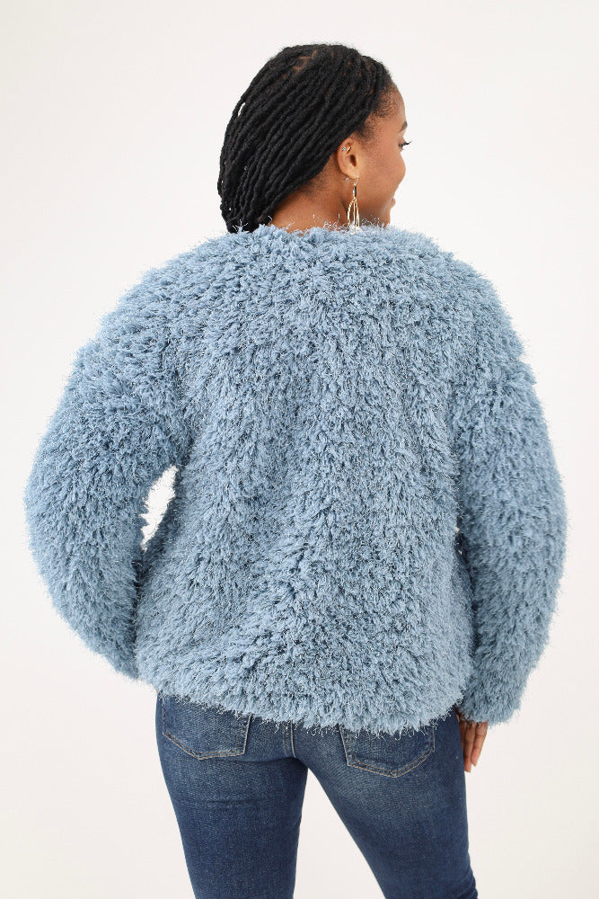 Back of Blue Faux Fur Jacket