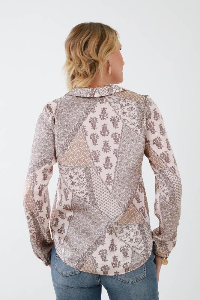 Back of Champagne Patterned Front Tie Blouse