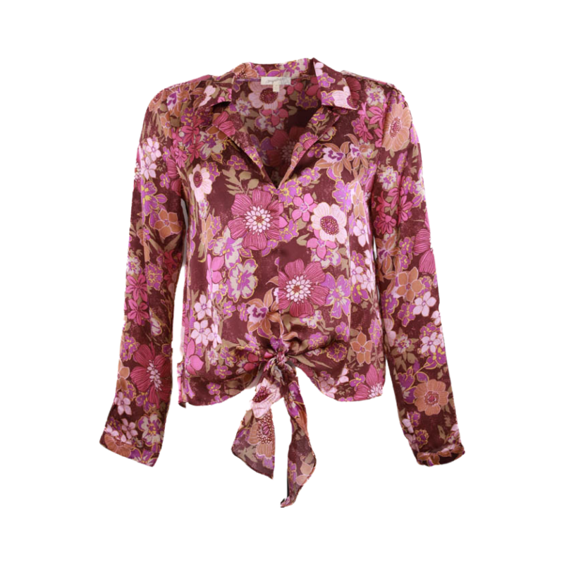 Pink Floral Front Tie Blouse Flatlay