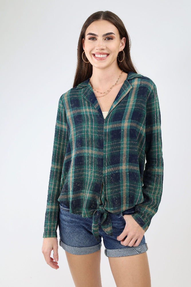 Green Plaid Tie Front Shirt