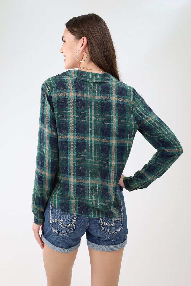 Back of Green Plaid Tie Front Shirt