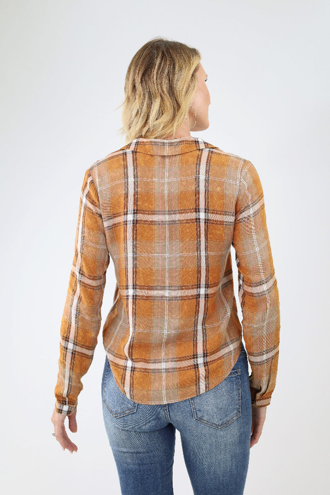 Back of Pumpkin Plaid Tie Front Shirt