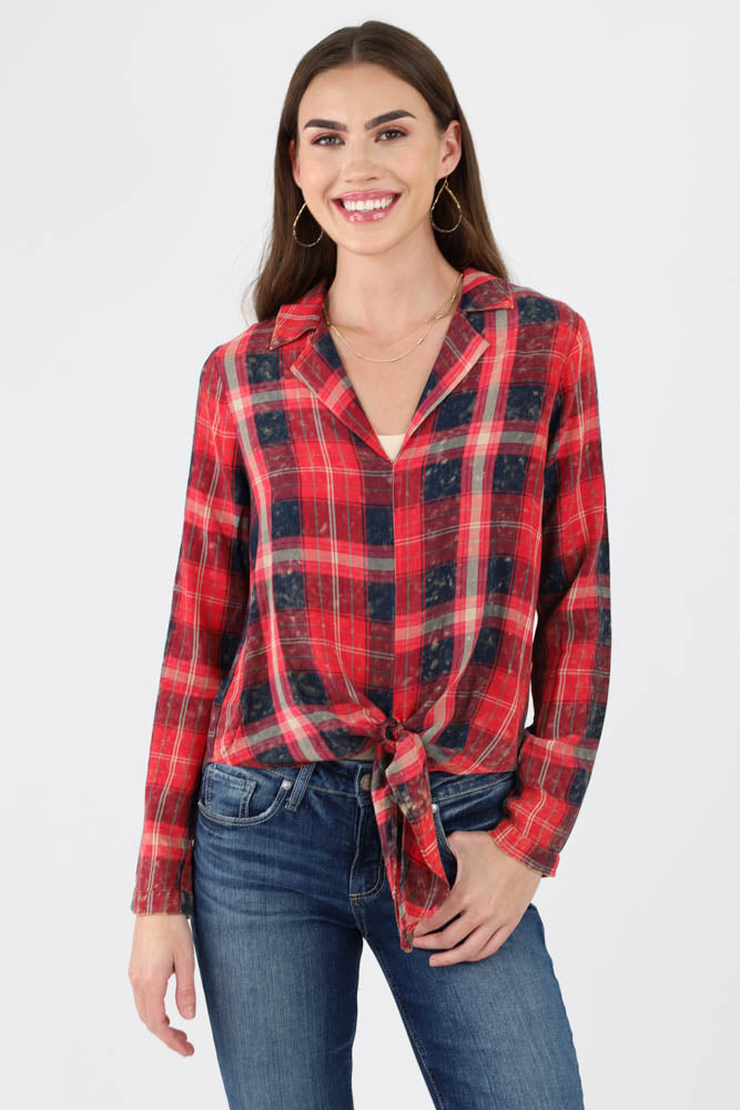 Red Plaid Tie Front Shirt