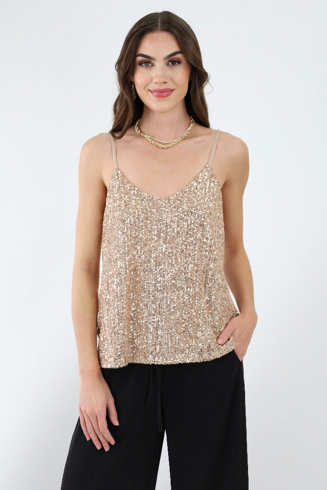 Adjustable Strap Sequin Tank Top Gold