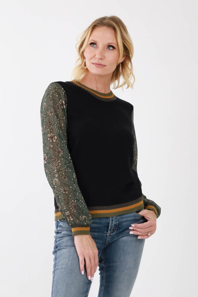 Black and Green Chiffon Ribbed Sweater