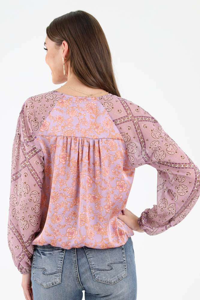 Back of Lavendar Long Sleeve Printed Blouse