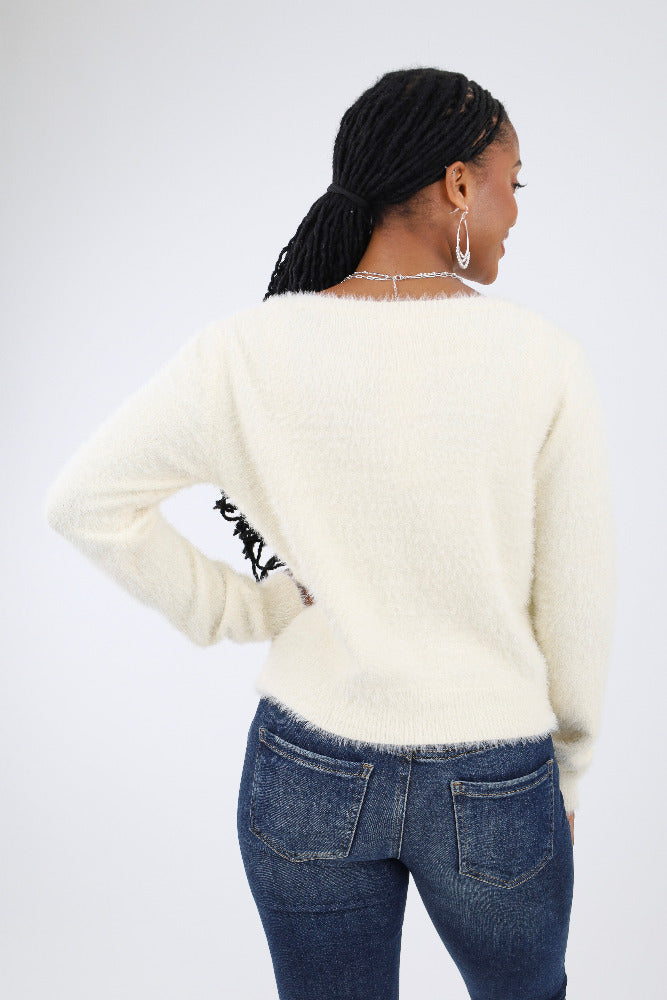 Back of Ivory Fuzzy Sweater Cardigan