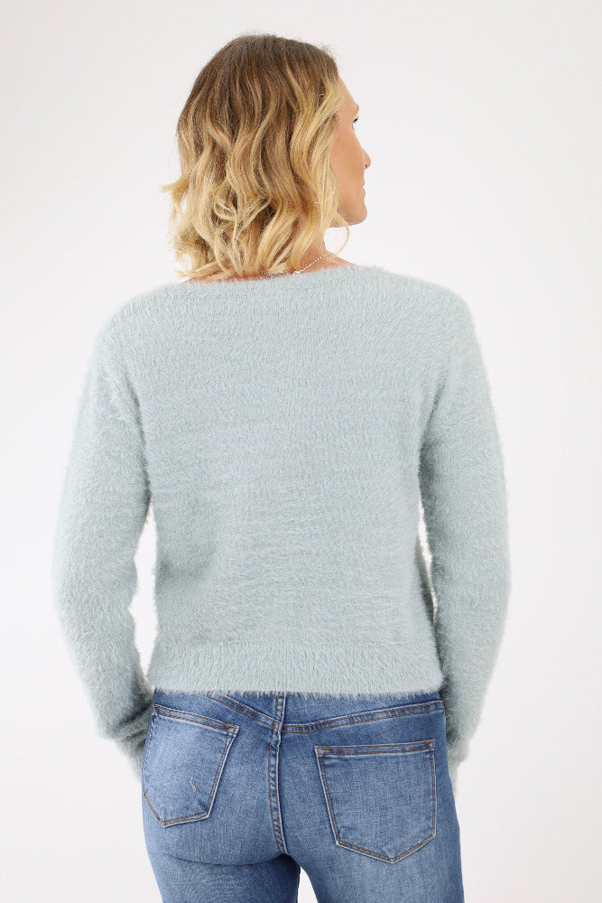 Back of Sage Fuzzy Sweater Cardigan