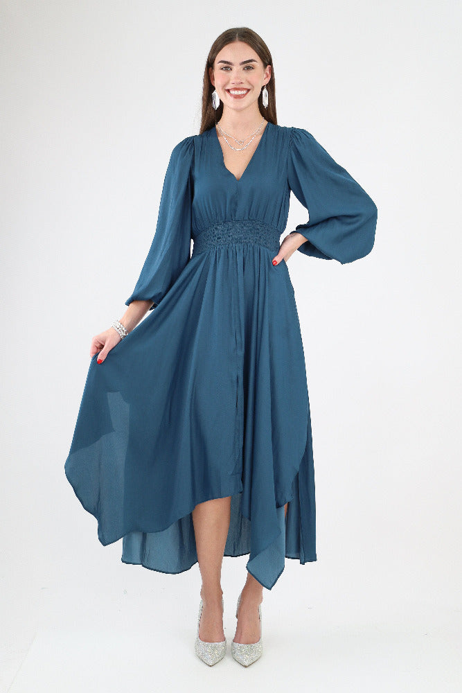 blue long sleeve satin maxi dress