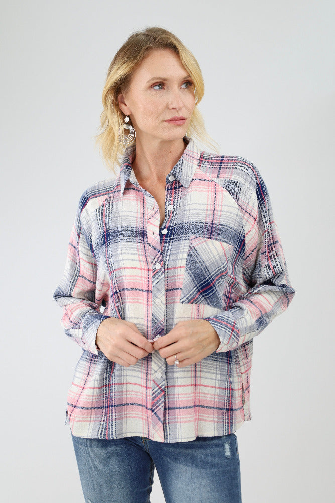 Navy and pink plaid shirt