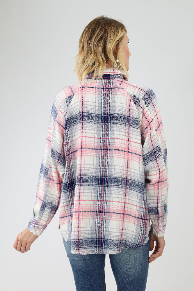 Back of navy and pink plaid shirt