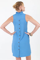 Back of blue sleeveless dress