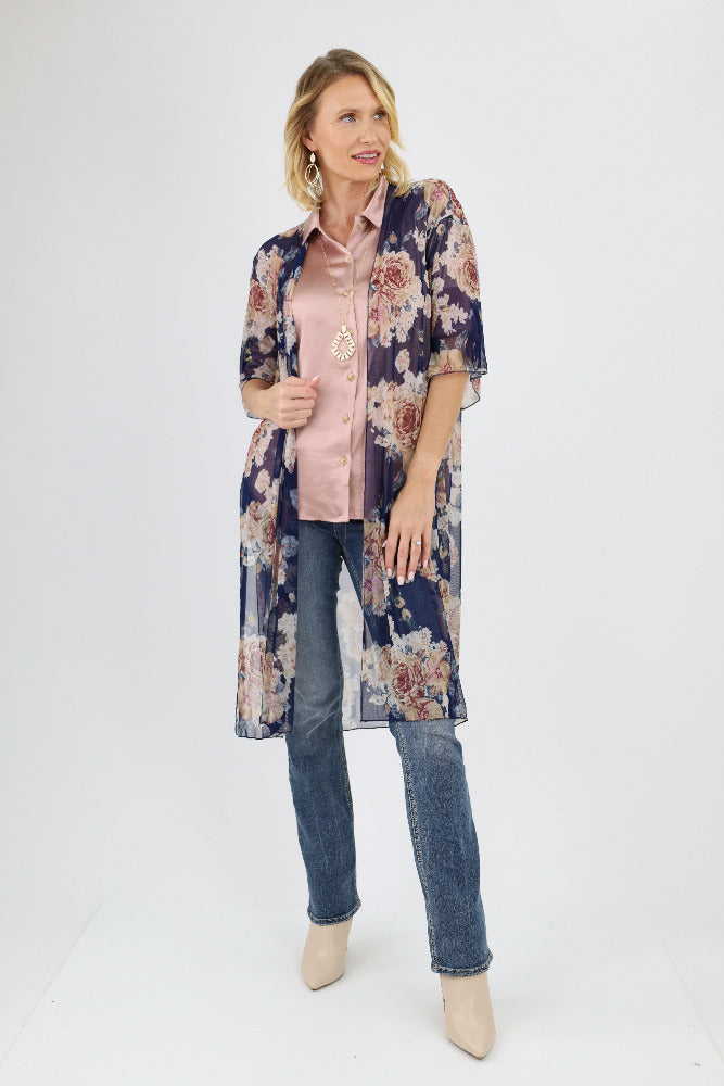 Navy Mesh Floral Duster